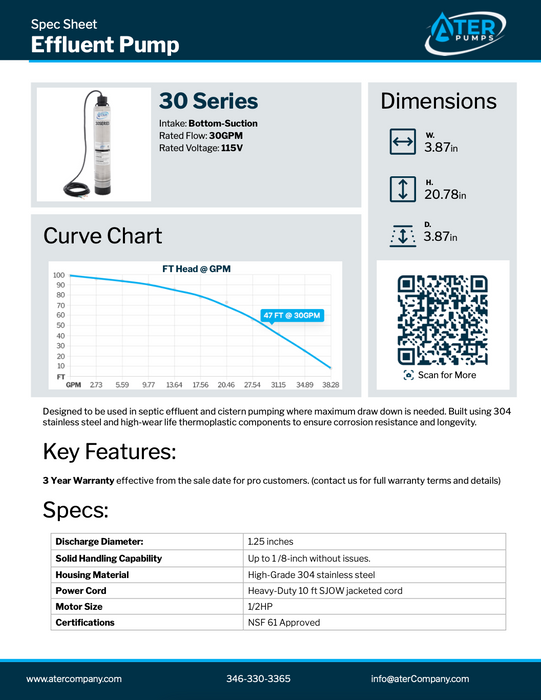ATER 30 Series Septic Effluent Pump (1/2 HP Bottom-Suction)