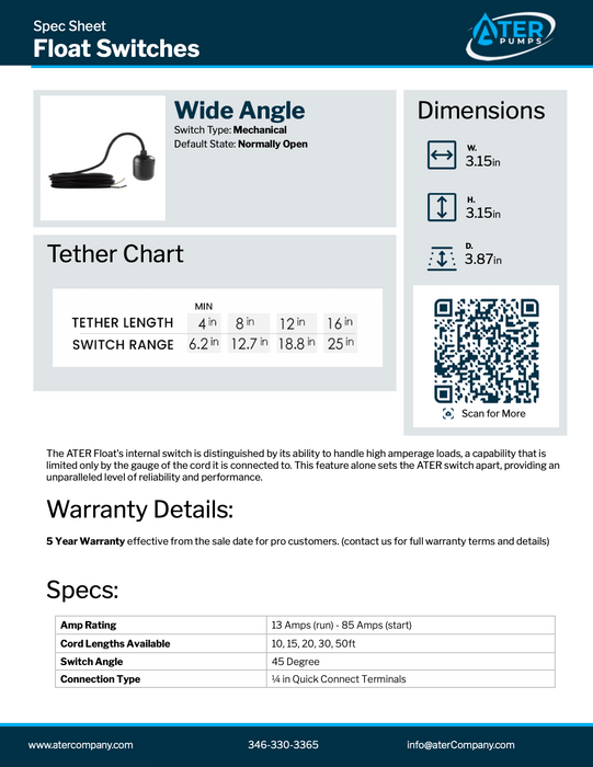 ATER Mechanical Float Switch w/15' Cord WA13-15'