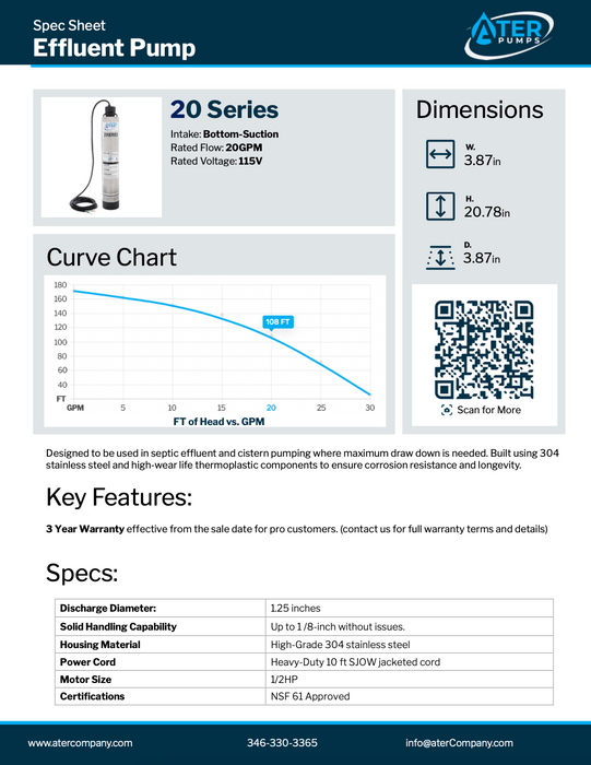 ATER 20 Series Septic Effluent Pump Bottom Suction 115V 20 GPM 1/2 HP